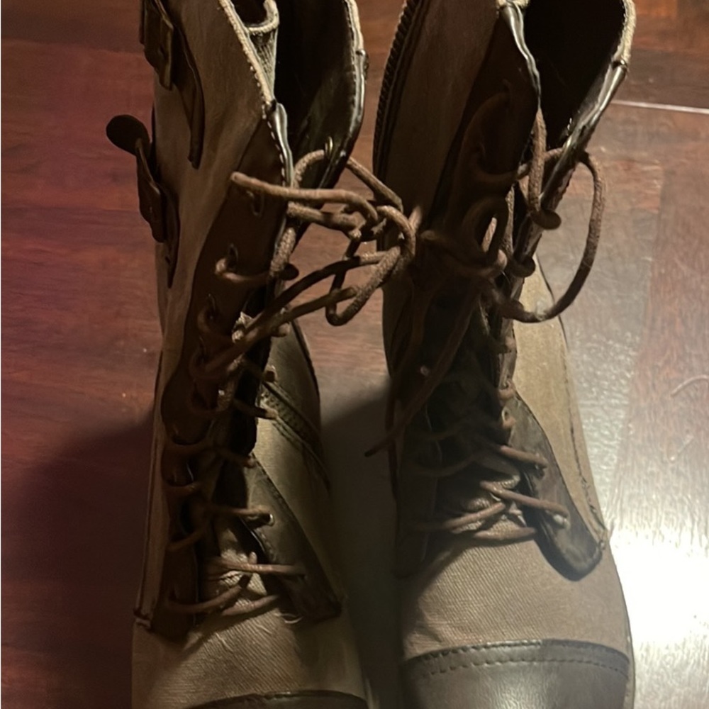 Brown utility style boots with patch and buckle detail - Picture 2 of 2